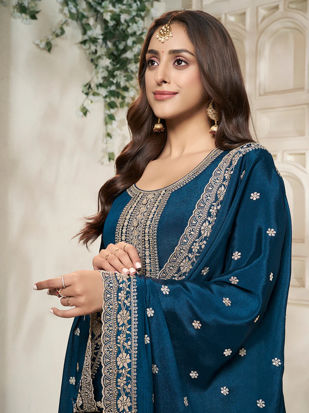 Nureh – Blue Chinon Embroidered Anarkali Suit with Scalloped Dupatta - 2pcs