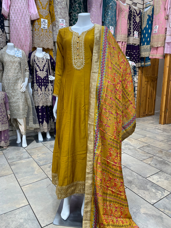 Dunya – Mustard Bhagalpuri Silk Anarkali with Digital Print Dupatta – 2 Pcs