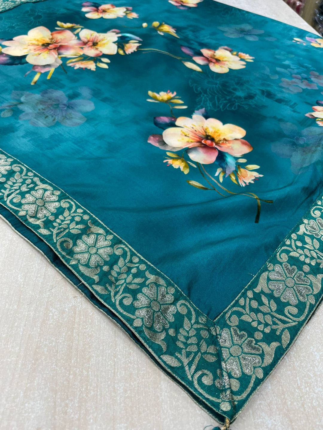 Floral Elegance – Teal Green Digital Print Dupatta with Zari Border