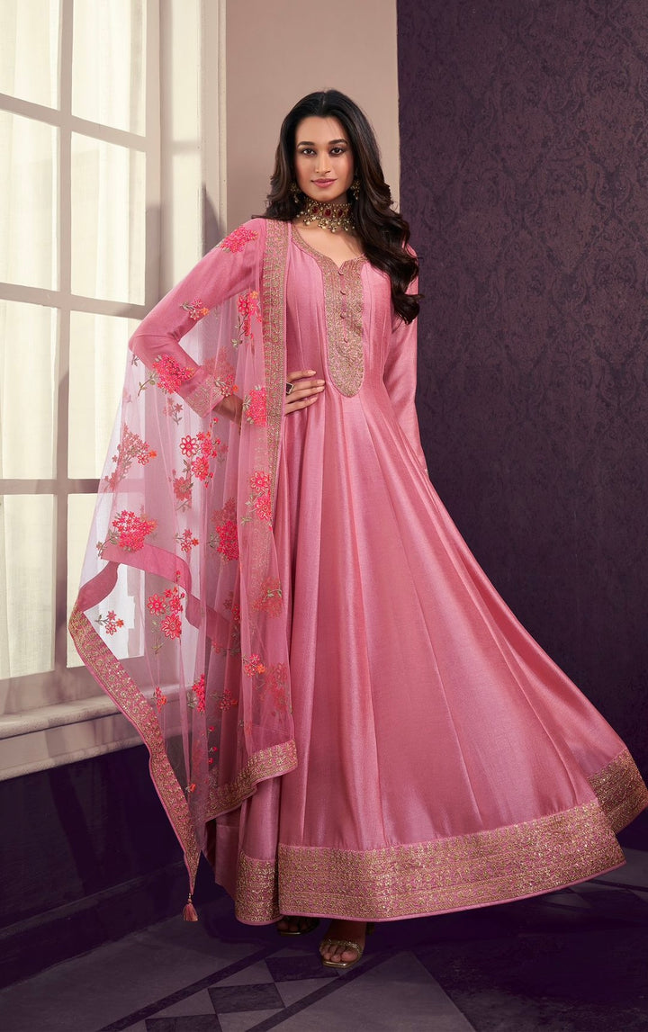 Marwah - Pink Embroidered Anarkali with Net Dupatta - 3 Pcs