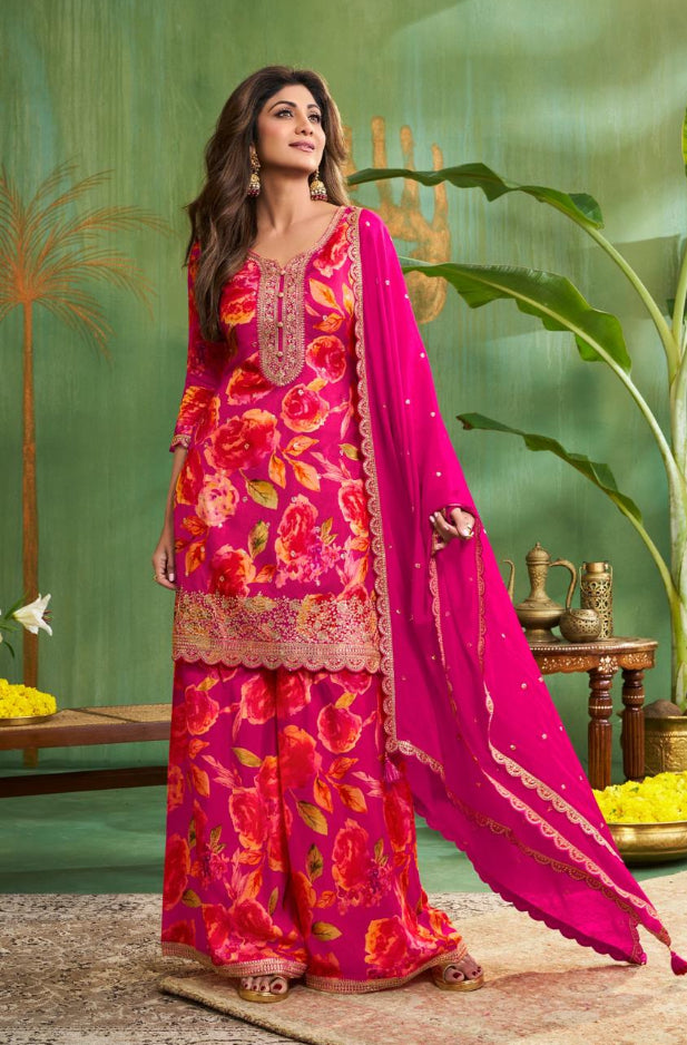 Nura - Hot Pink - Pure Silk Printed Plazo Kameez with Georgette Dupatta - Co-ord - 3pcs