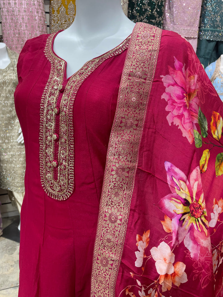 Isra – Cerise Pink Bhagalpuri Silk Anarkali with Digital Print Dupatta – 2 Pcs