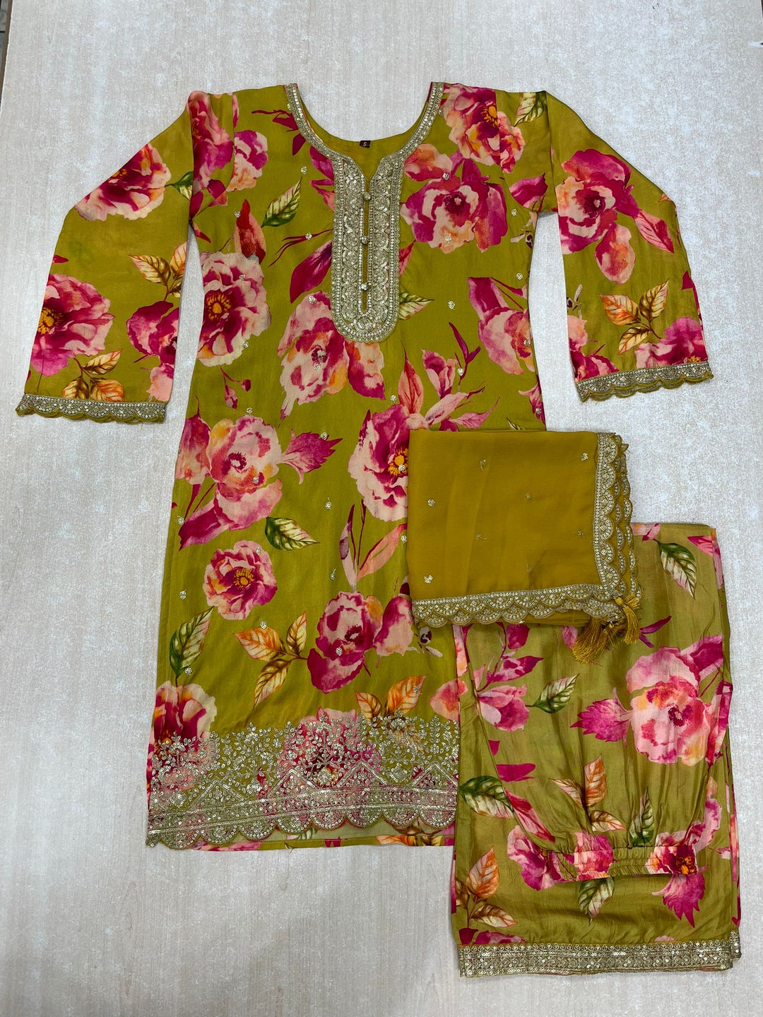 Nura - Mustard - Pure Silk Printed Plazo Kameez with Georgette Dupatta - Co-ord - 3pcs