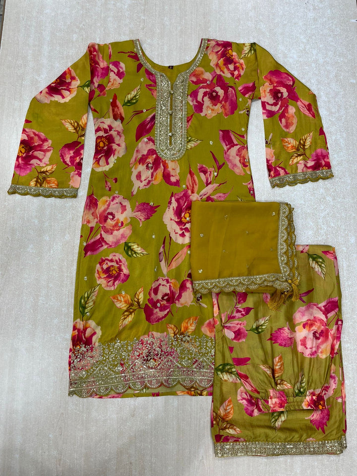 Nura - Mustard - Pure Silk Printed Plazo Kameez with Georgette Dupatta - Co-ord - 3pcs