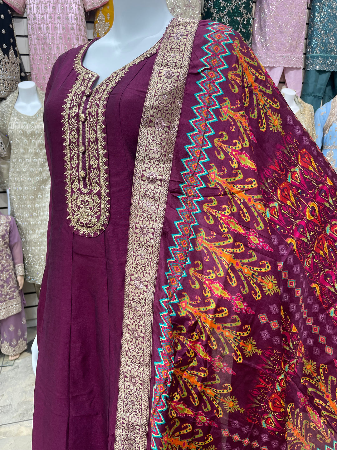Dunya – Purple Mustard Bhagalpuri Silk Anarkali with Digital Print Dupatta – 2 Pcs