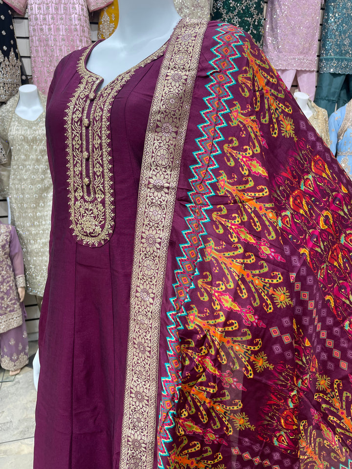 Dunya – Purple Mustard Bhagalpuri Silk Anarkali with Digital Print Dupatta – 2 Pcs