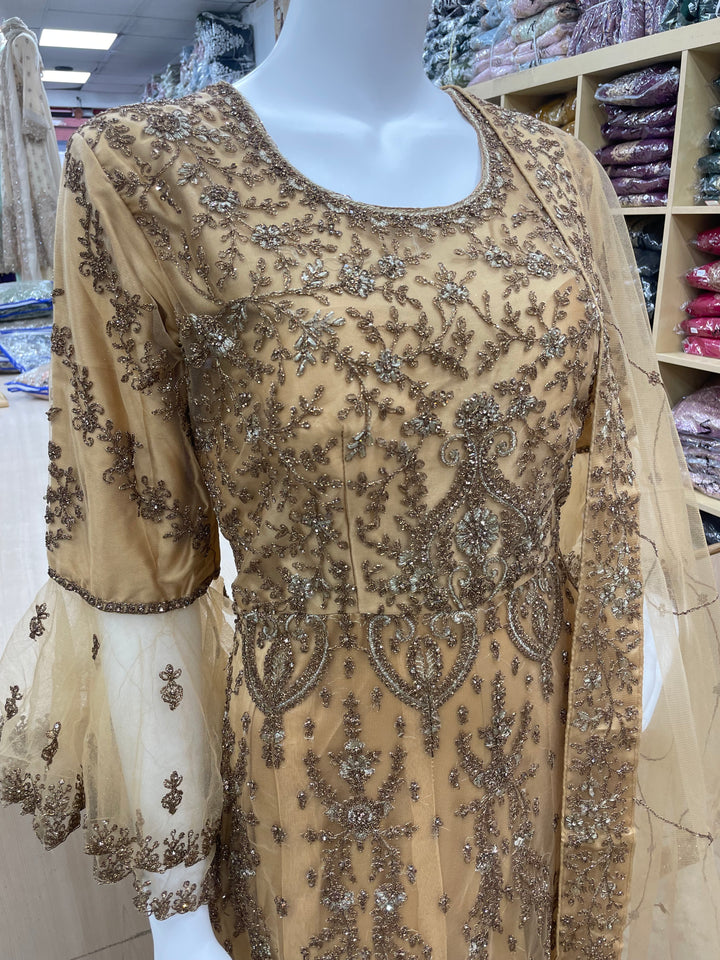 Jannah - Dijon Yellow/Mustard Heavy Embroidered Net Party Gown with Bell Sleeves/Copper Gold Embroidered - 3pcs