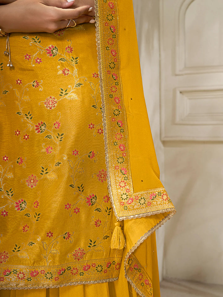 Sitara – Yellow Dola Silk Floral Jacquard Kurta with Plazo & Dupatta – 3 Pcs