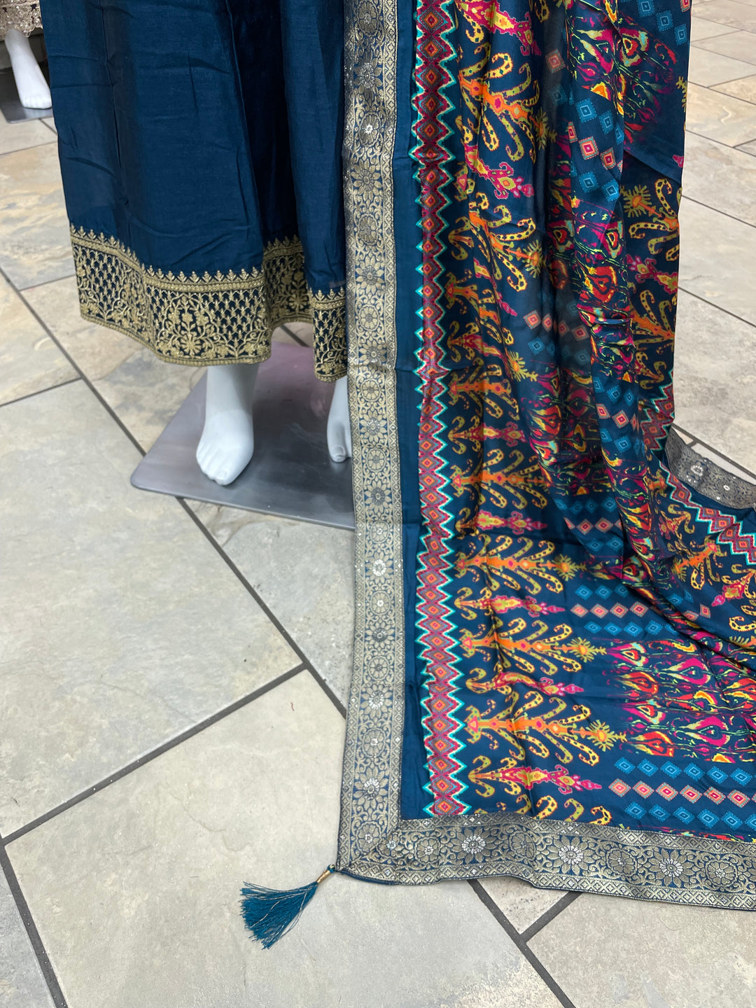 Dunya – Teal Blue Bhagalpuri Silk Anarkali with Digital Print Dupatta – 2 Pcs