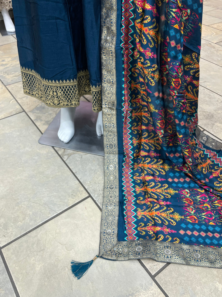 Dunya – Teal Blue Bhagalpuri Silk Anarkali with Digital Print Dupatta – 2 Pcs
