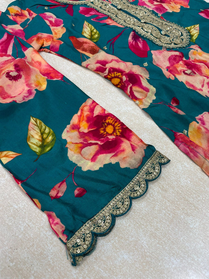 Nura - Teal - Pure Silk Printed Plazo Kameez with Georgette Dupatta - Co-ord - 3pcs