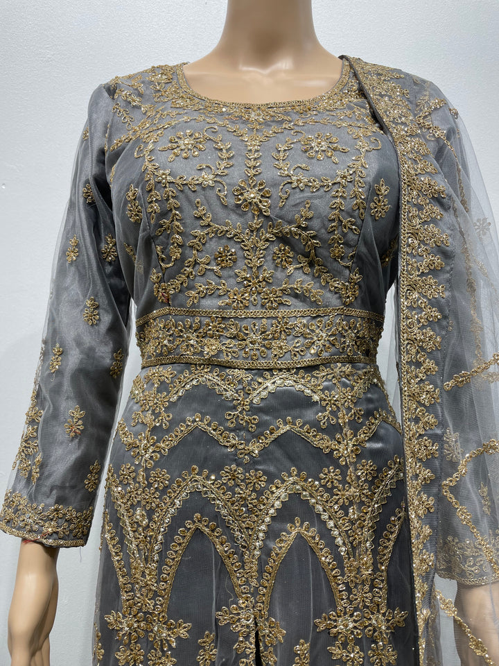 Meher - Grey Heavy Embroidered Gown with Front Split - 3pcs