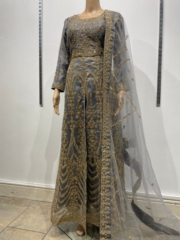 Meher - Grey Heavy Embroidered Gown with Front Split - 3pcs