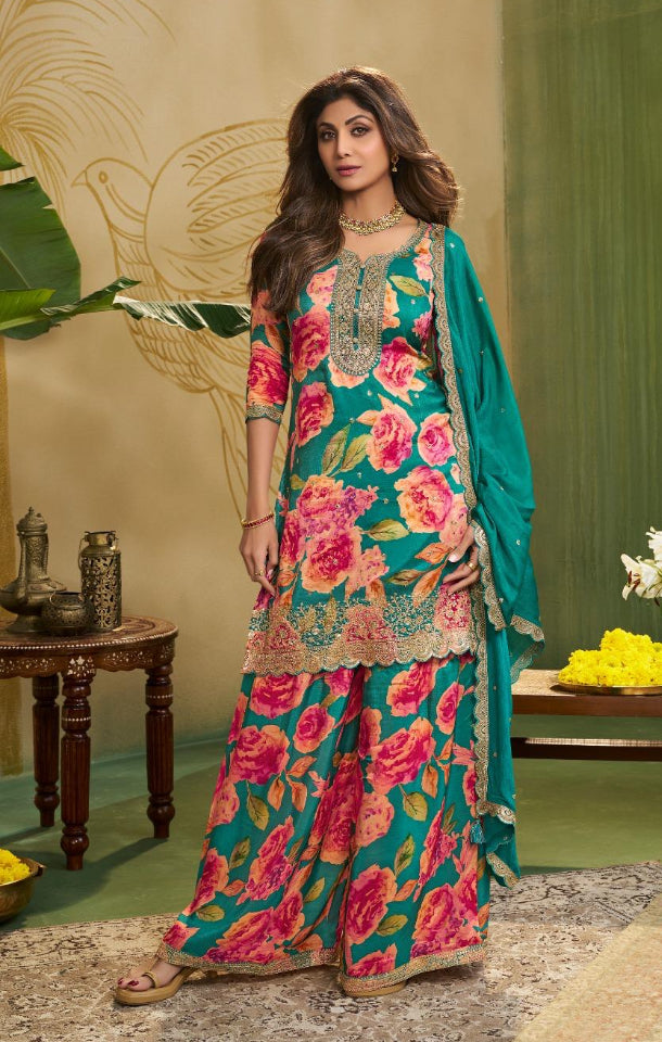 Nura - Teal - Pure Silk Printed Plazo Kameez with Georgette Dupatta - Co-ord - 3pcs