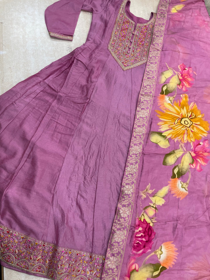 Aaliyah - Pink embroidered anarkali With with print scarf - 3 Pcs