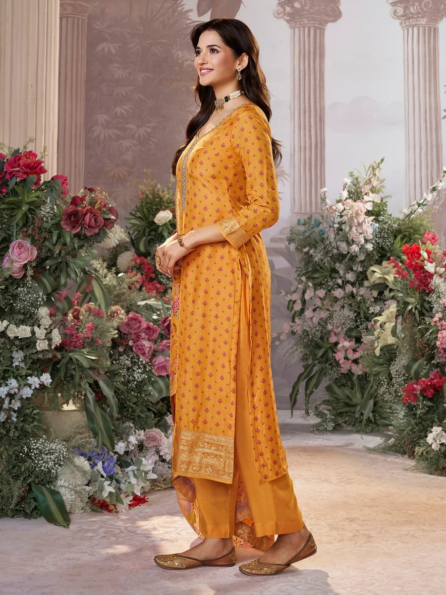 Sara – Yellow Russian Silk Kurta Set with Digital Print Work Paired with Russian Silk Digital Printed Duppatta – 3 Pcs