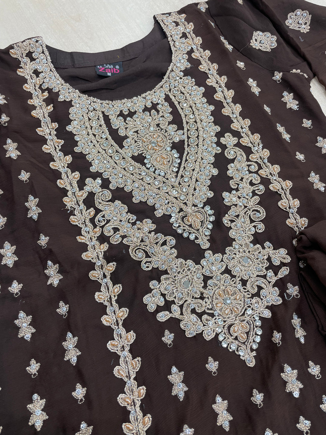 Aisha - Brown embroidered Plazo - Rose Gold Embroidered & Gem work - 3Pcs