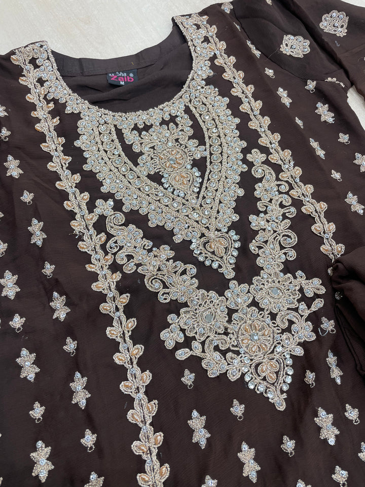 Aisha - Brown embroidered Plazo - Rose Gold Embroidered & Gem work - 3Pcs