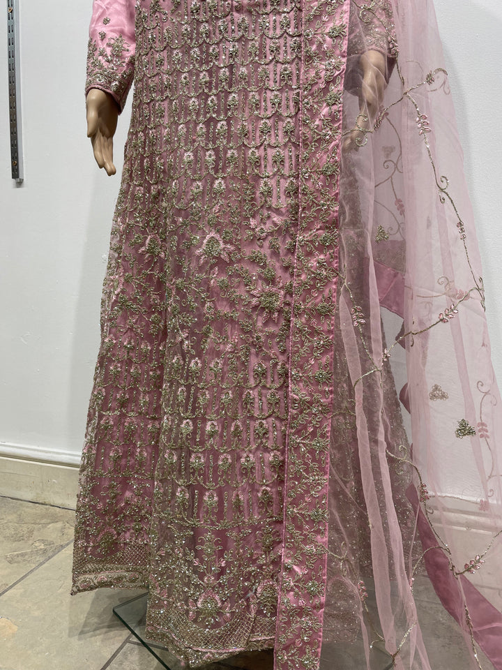 Yusra - Light Pink Heavy Embroidered Net Party Gown with White Gold Embroidered - 3pcs