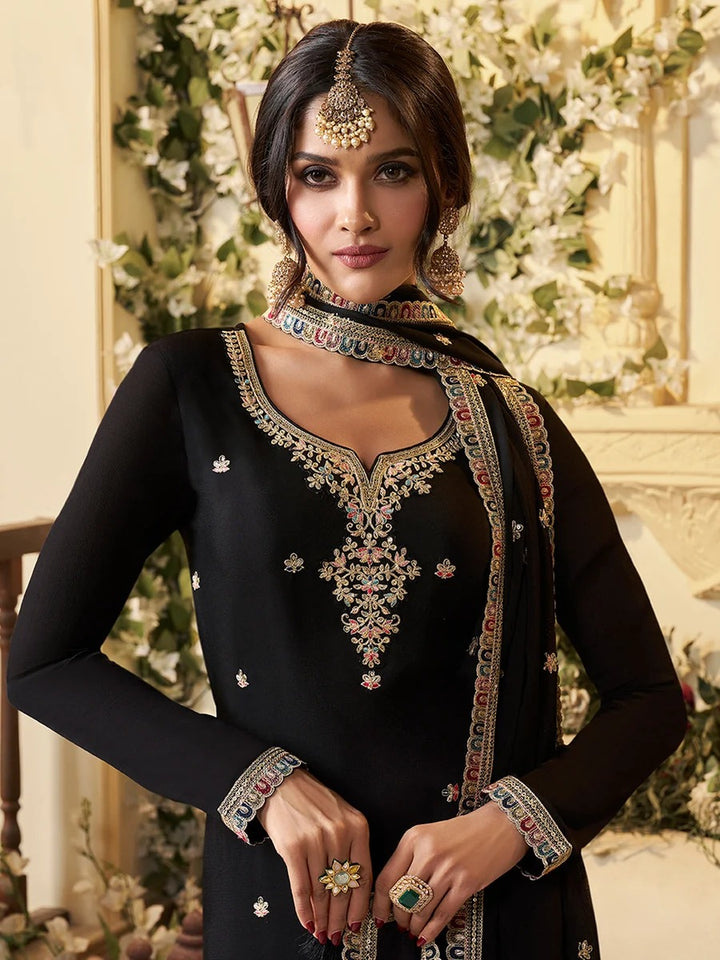 Hafsa – Designer Multi-Thread Embroidered Black Chinon Sharara Suit Set - 3pcs