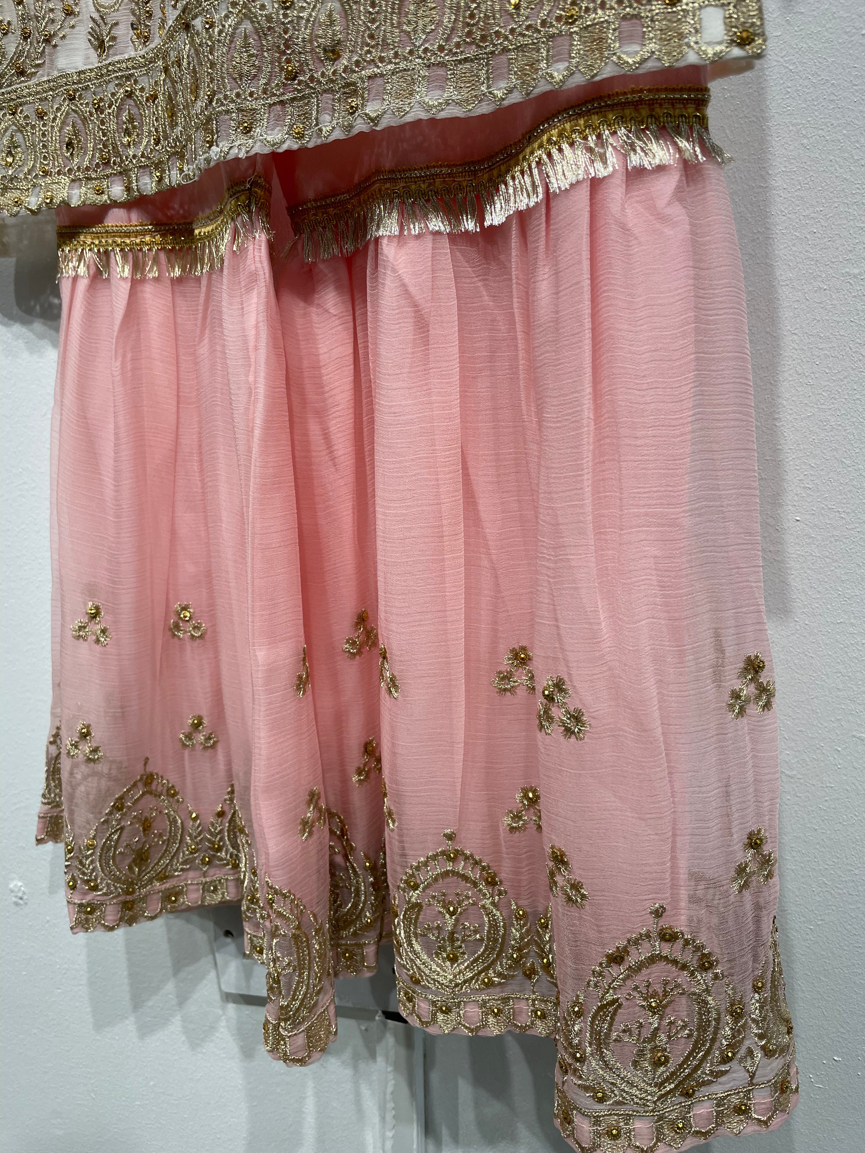 Kids White and Pink Chiffon Sharara - Gold Embroidery
