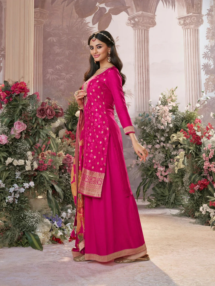 Farah – Pink Dola Silk Jacquard & Embroidery Sharara Set with Digital Print Dupatta – 3 Pcs