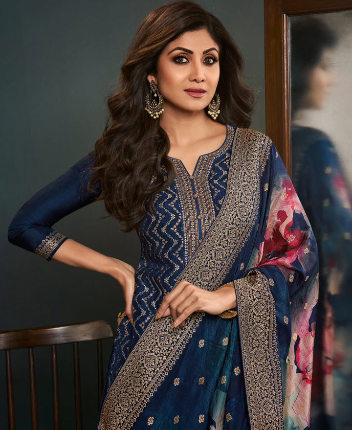 Aleena - Blue Pure Viscose Dola with Embroidery Work & Digital Print Scarf - 3 Pcs
