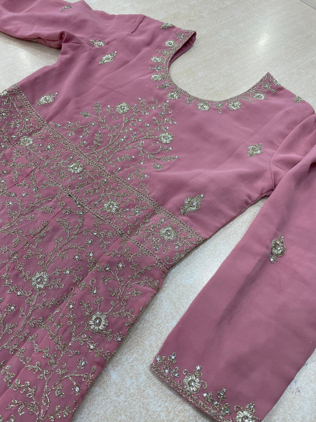 Amani - Powder Pink Embroidered Chiffon Gown - White Gold Embroidery - 3pcs