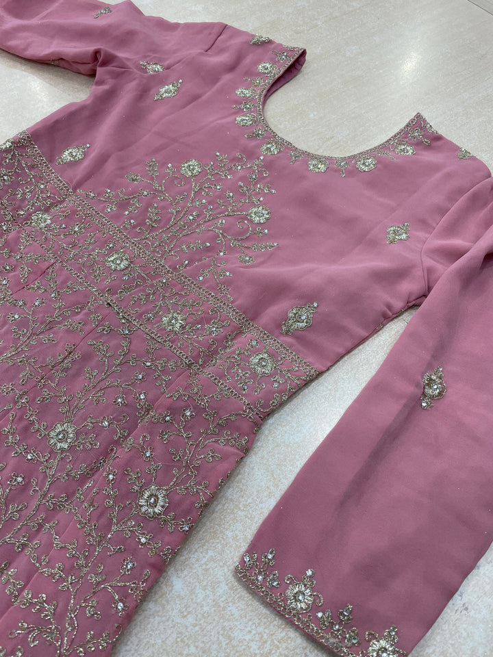 Amani - Powder Pink Embroidered Chiffon Gown - White Gold Embroidery - 3pcs