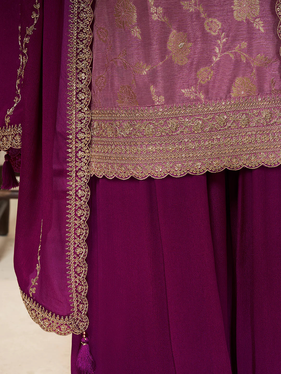 Sareen – Purple Dola Silk Embroidered Straight Kurta with Sequinned plazo Dupatta – 3 Pcs