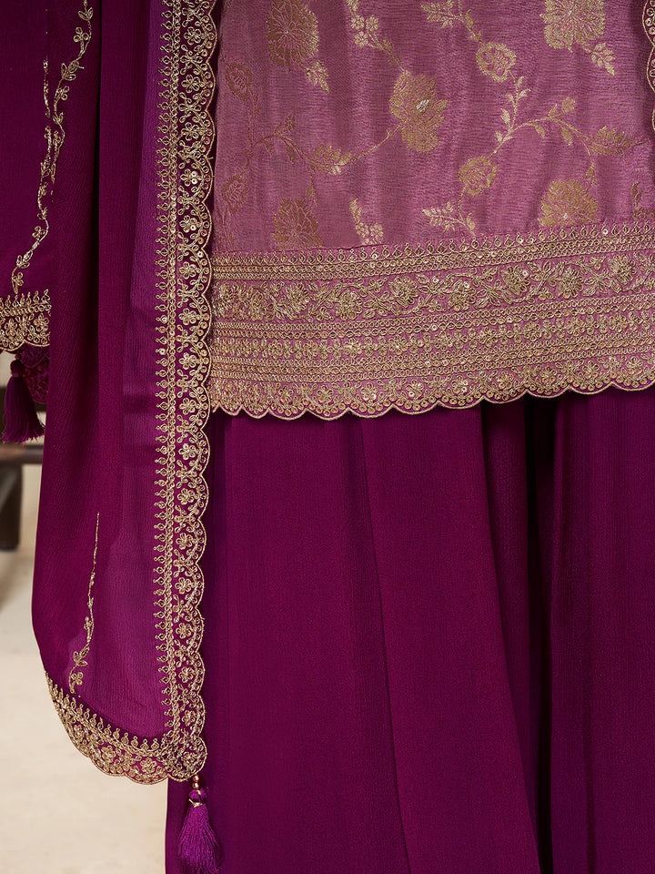 Sareen – Purple Dola Silk Embroidered Straight Kurta with Sequinned plazo Dupatta – 3 Pcs