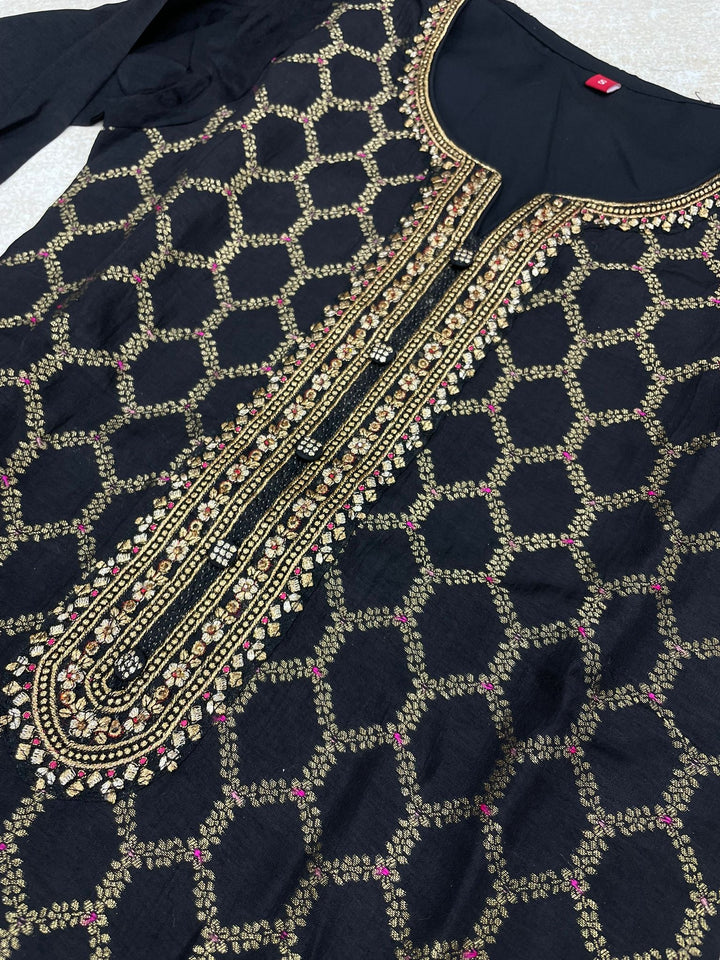 Aleena - Black Pure Viscose Dola with Embroidery Work & Digital Print Scarf - 3 Pcs