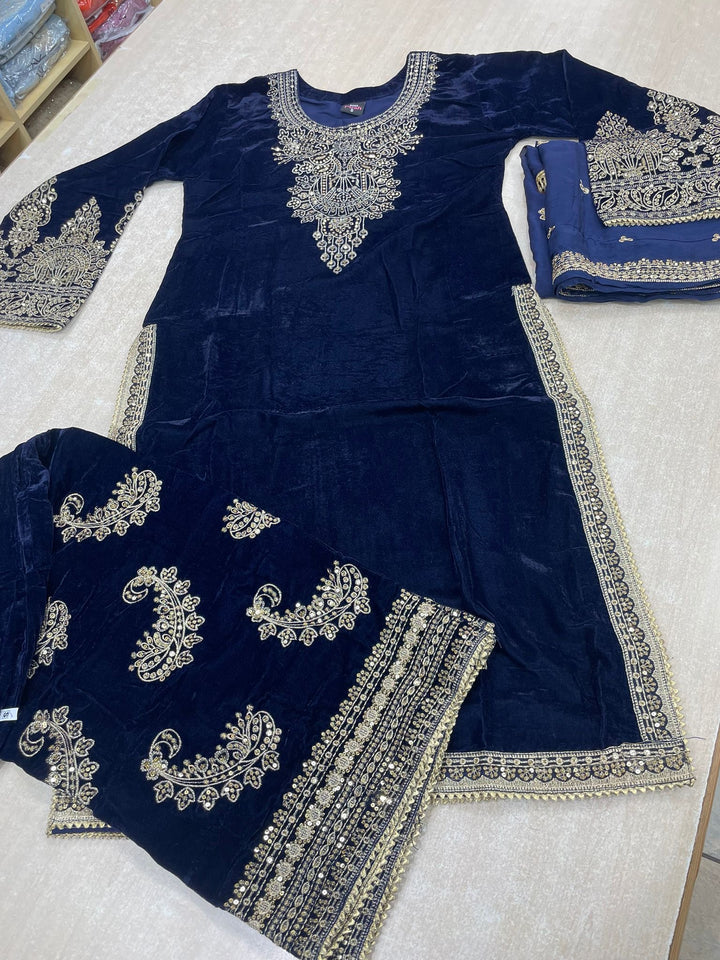 Zayrah - Blue Velvet Kameez with Plazo - Embroidered & Gem work - 3Pcs
