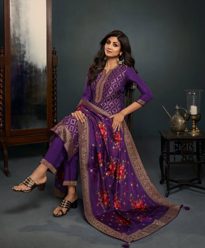 Aleena - Purple Pure Viscose Dola with Embroidery Work & Digital Print Scarf - 3 Pcs