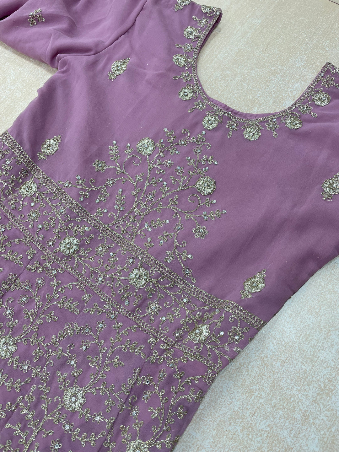 Amani - Lilac Heavy Embroidered Georgette Gown - White Gold Embroidery - 3pcs