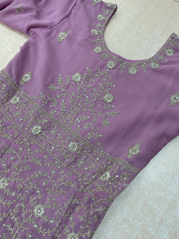 Amani - Lilac Heavy Embroidered Georgette Gown - White Gold Embroidery - 3pcs