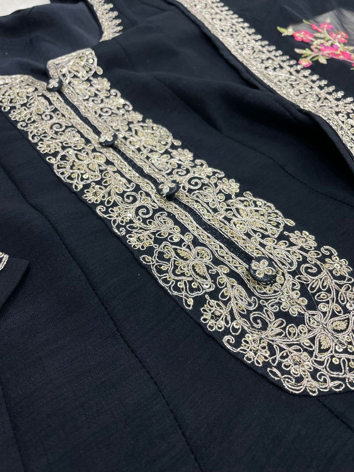 Marwah - Black Embroidered Anarkali with Net Dupatta - 3 Pcs