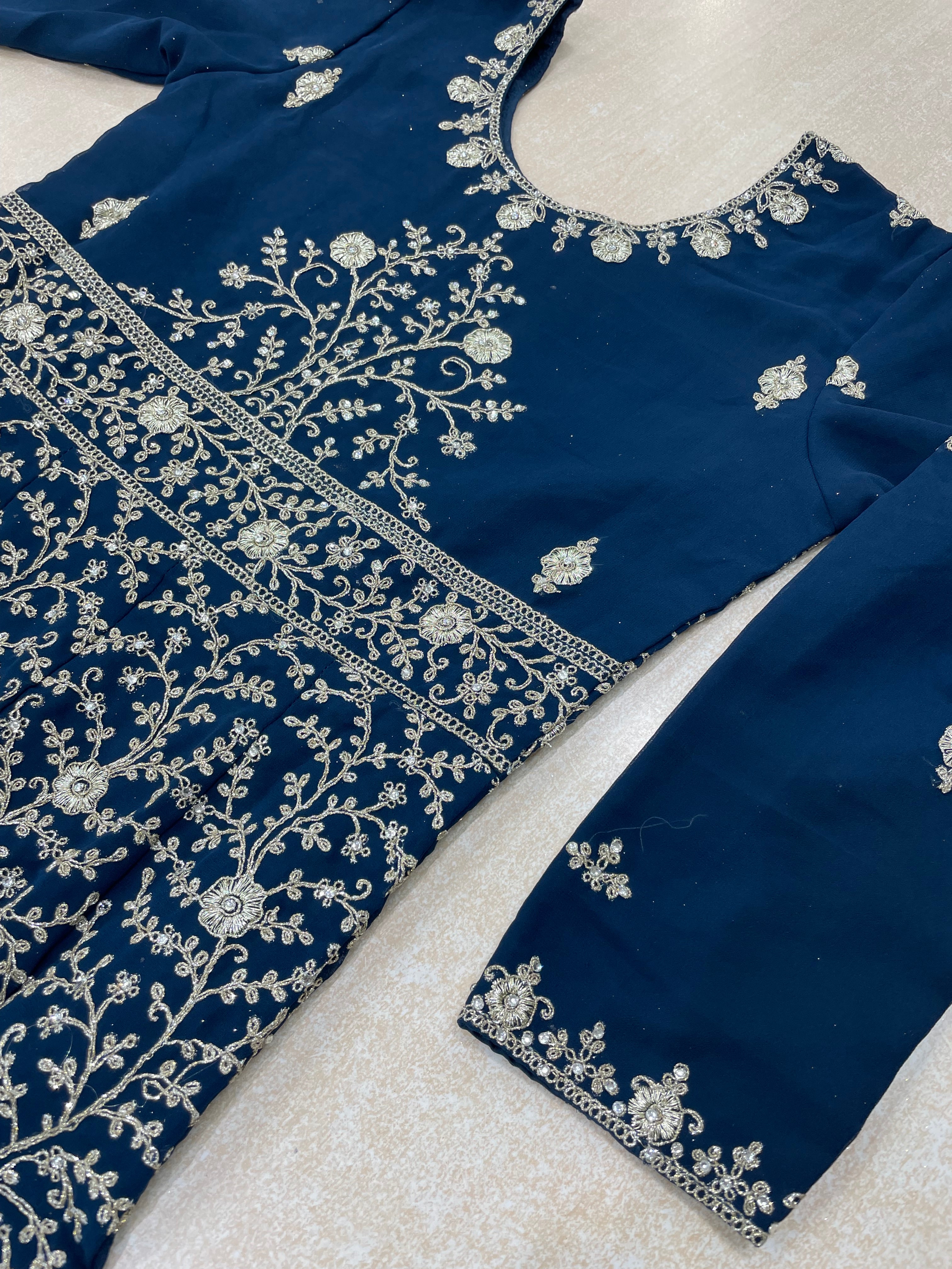 Dark Blue Heavy Embroidered Chiffon Gown - 3pcs