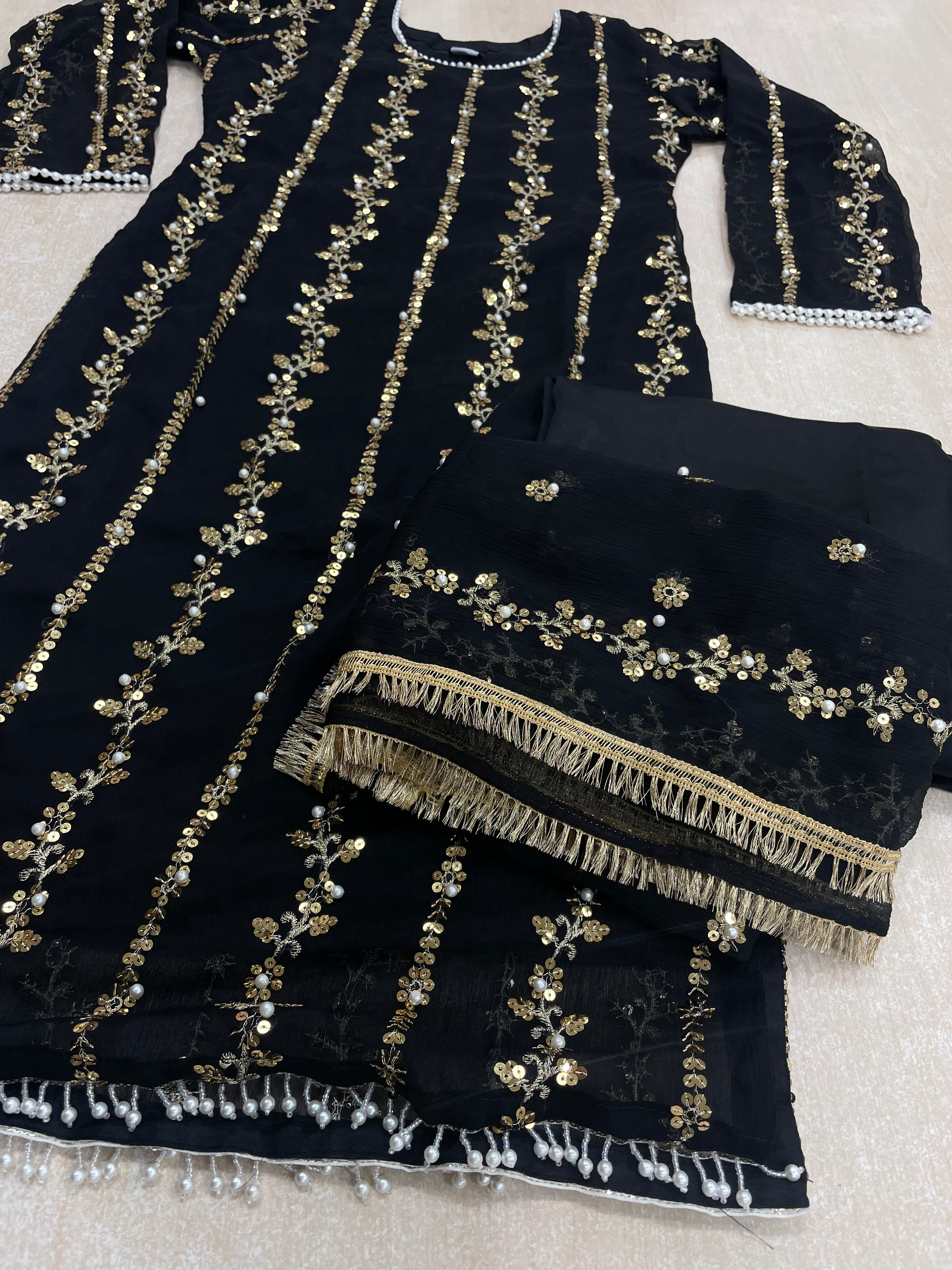 Black Chiffon Shalwar kameez with Gold Embroidery & Gem work - 3pcs