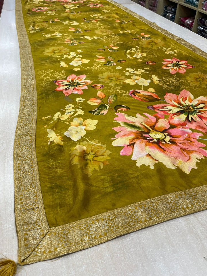 Floral Elegance – Mustard Yellow Digital Print Dupatta with Zari Border