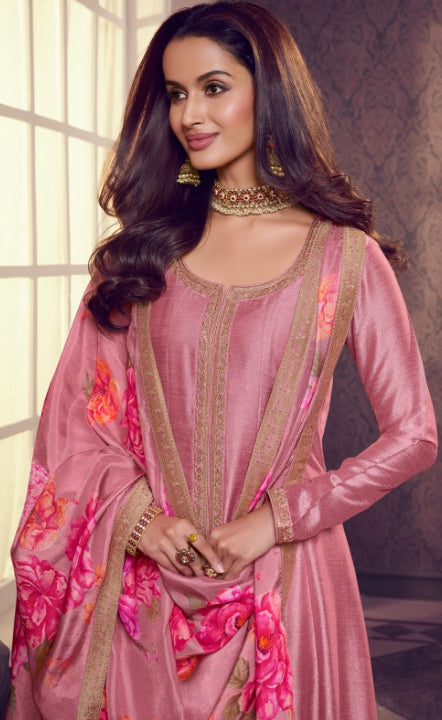 Khadija - Pink Silk bottom Split Anarkali With Print Scarf - 3 Pcs