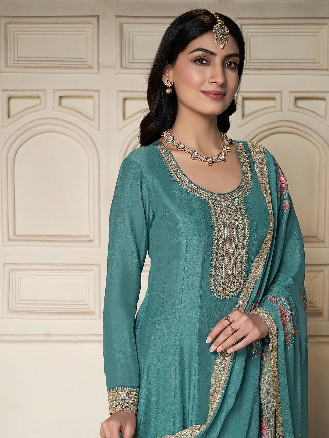 Amal – Teal Chinon Embroidered Anarkali Suit with Scalloped Dupatta - 2pcs