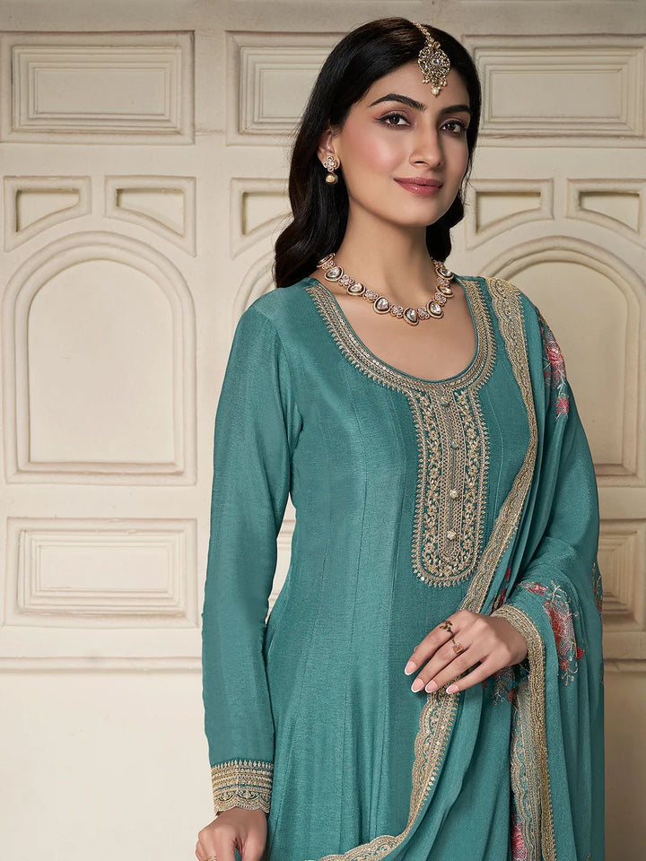 Amal – Teal Chinon Embroidered Anarkali Suit with Scalloped Dupatta - 2pcs