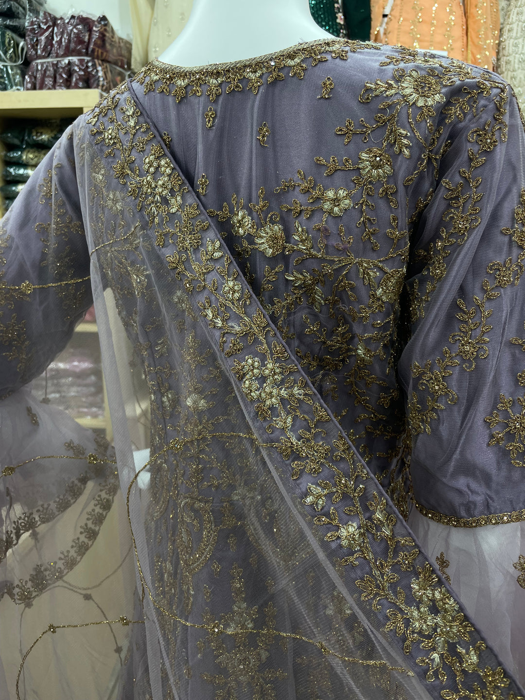 Jannah - Lavender Heavy Embroidered Net Party Gown with Bell Sleeves/Copper Gold Embroidered - 3pcs
