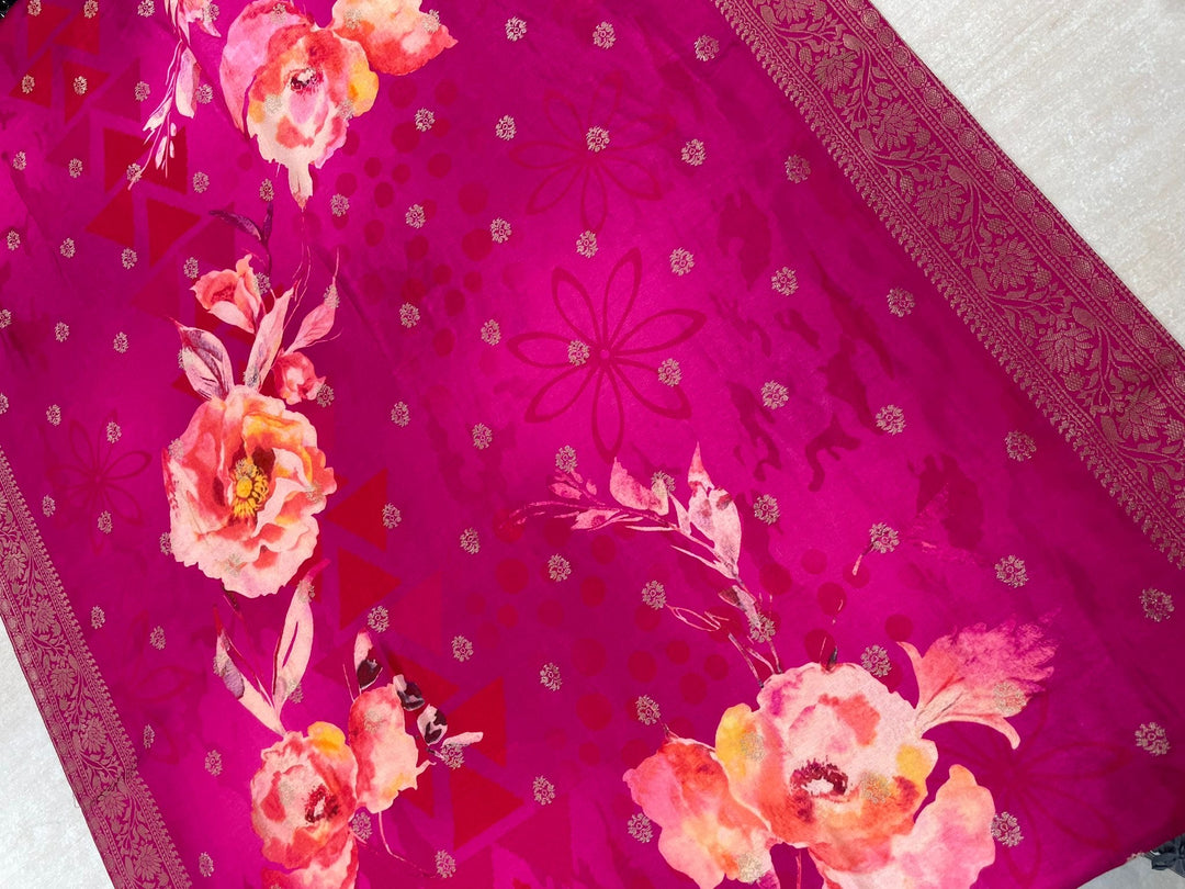 Aleena - Cerise Pink Pure Viscose Dola with Embroidery Work & Digital Print Scarf - 3 Pcs