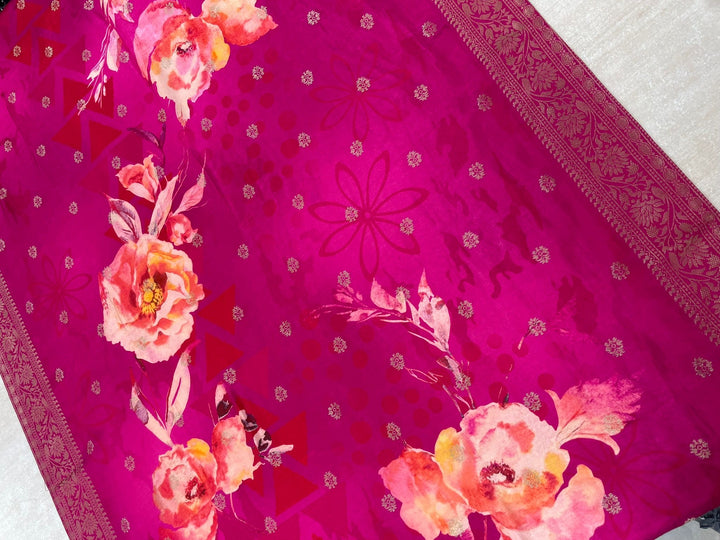 Aleena - Cerise Pink Pure Viscose Dola with Embroidery Work & Digital Print Scarf - 3 Pcs