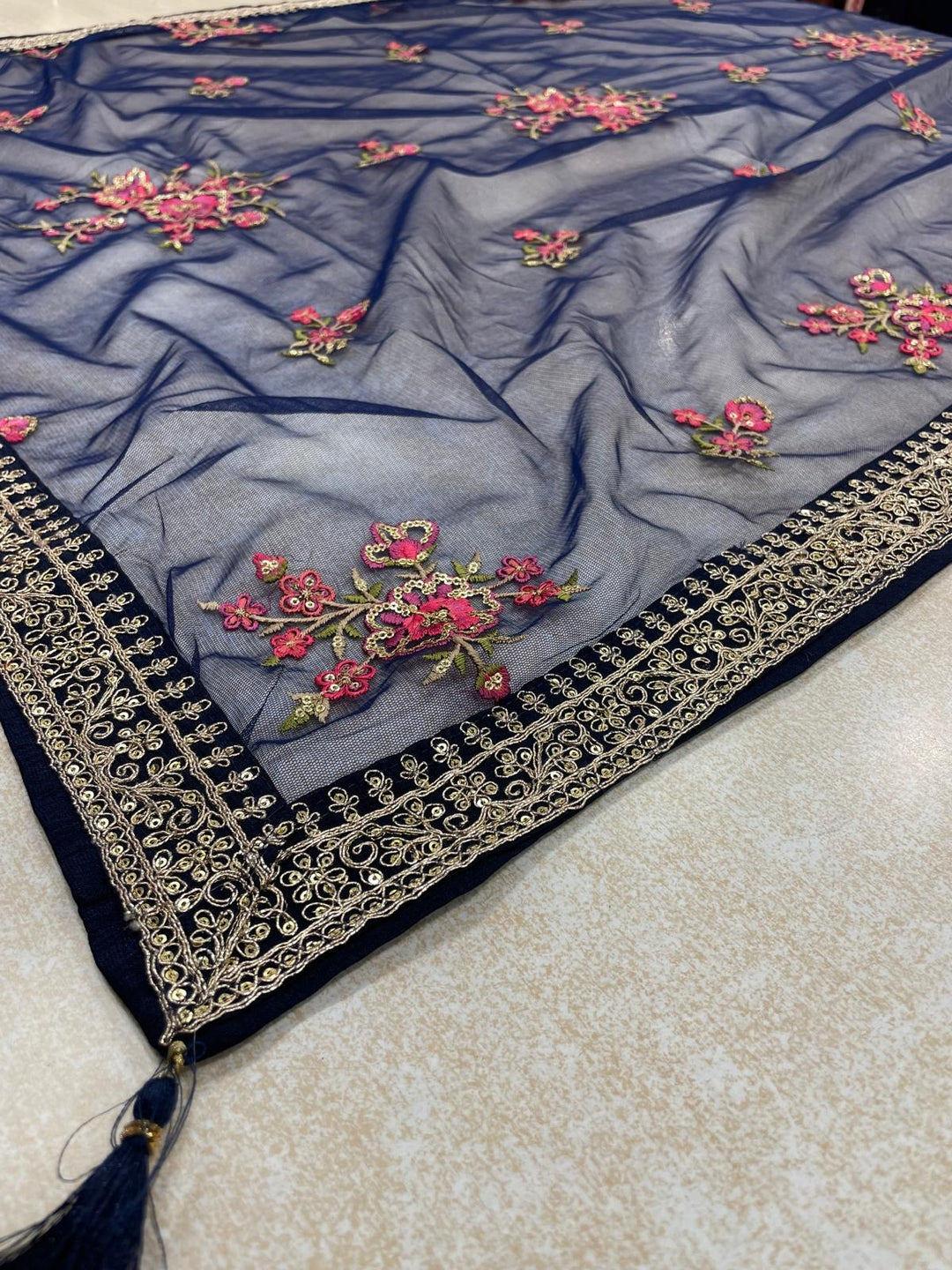 Marwah - Navy Blue Embroidered Anarkali with Net Dupatta - 3 Pcs