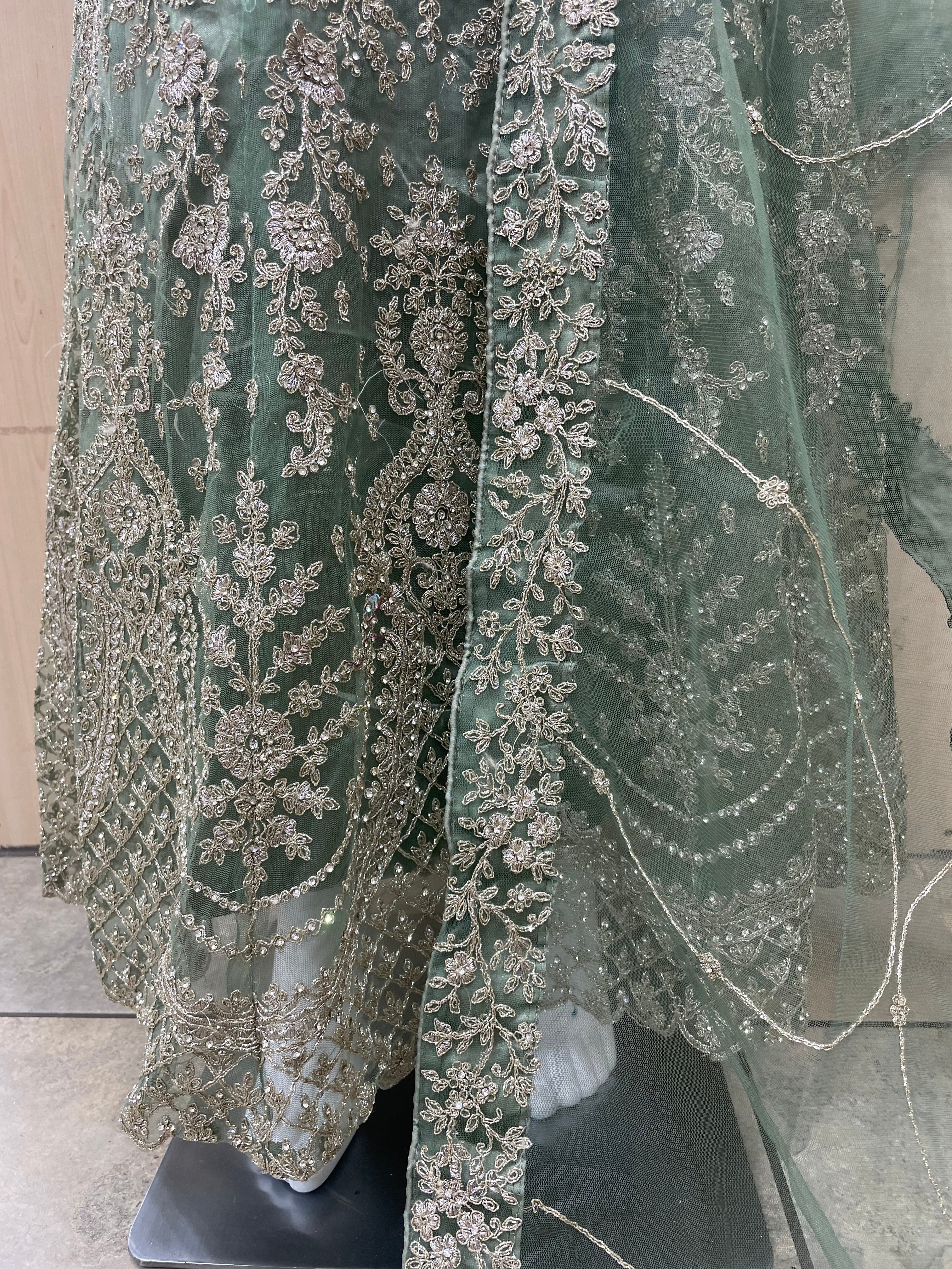 Sage Green Heavy Embroidered Gown with Bell Sleeve