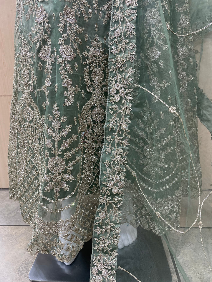 Jannah - Sage Green Heavy Embroidered Net Party Gown with Bell Sleeves/White Gold Embroidered - 3pcs