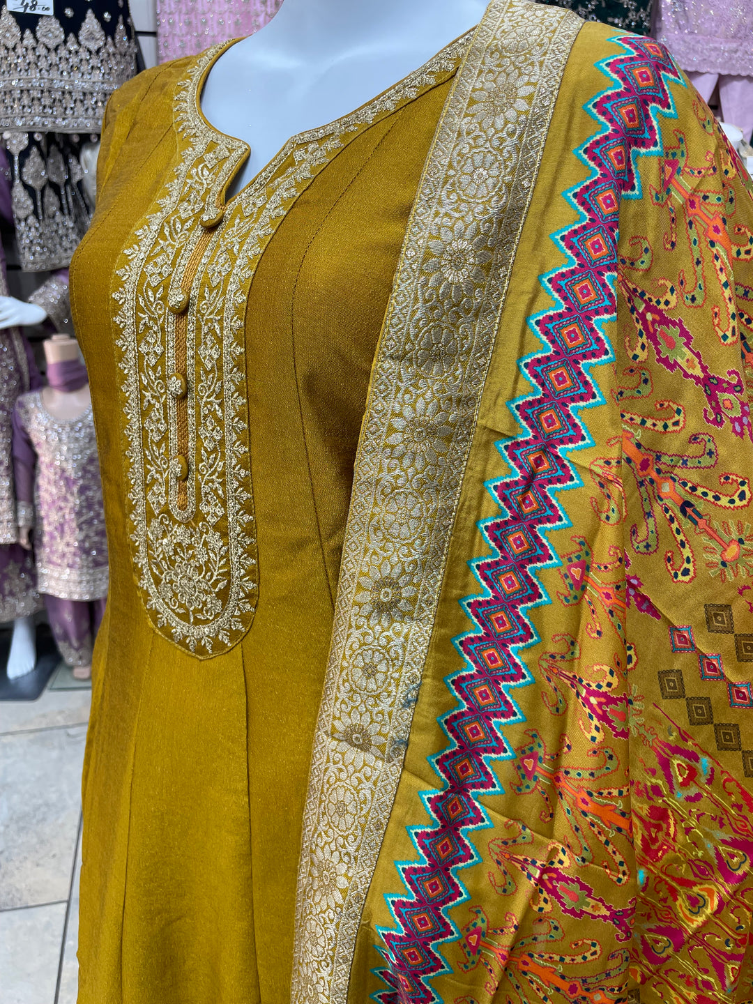 Dunya – Mustard Bhagalpuri Silk Anarkali with Digital Print Dupatta – 2 Pcs